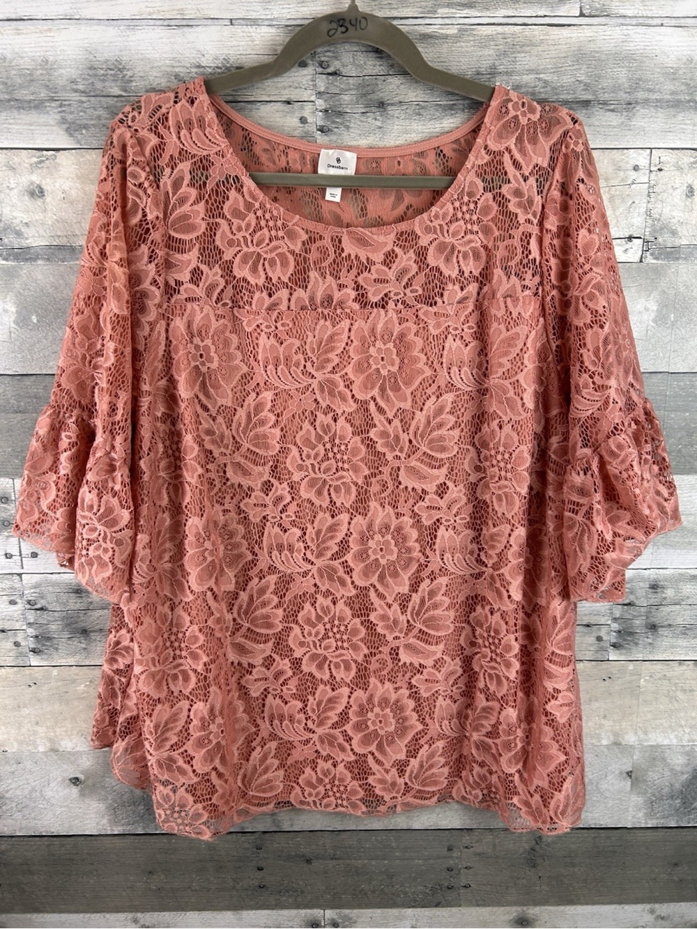 Dressbarn 2X Mauve Bell Sleeve Blouse With Lace Overlay